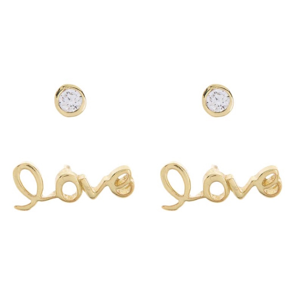 (2 Pairs) Argento Vivo 14K GP Sterling Silver "Love" and CZ stud Earrings - NIB
